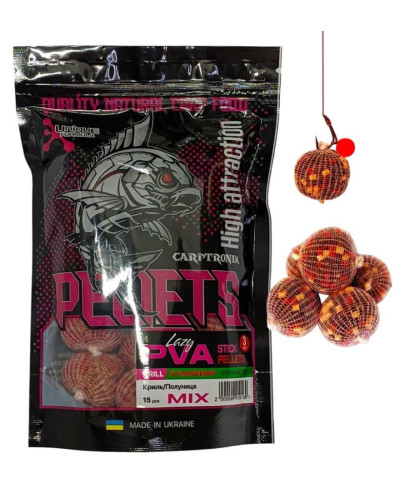 Готовый ПВА стик Carptronik lazy PVA stick pellets Krill/Strawberry (Криль/Клубника) 15шт