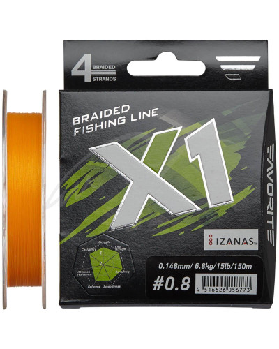 Шнур Favorite X1 PE 4x 150m (orange) #0.8/0.148mm 15lb/6.8kg